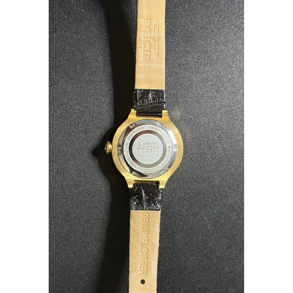 Invicta Angel Watch Women OS Black Gold Leather Strap 29784 Luxury